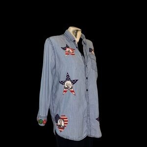 Patriotic Denim Shirt with Star and Heart Patches